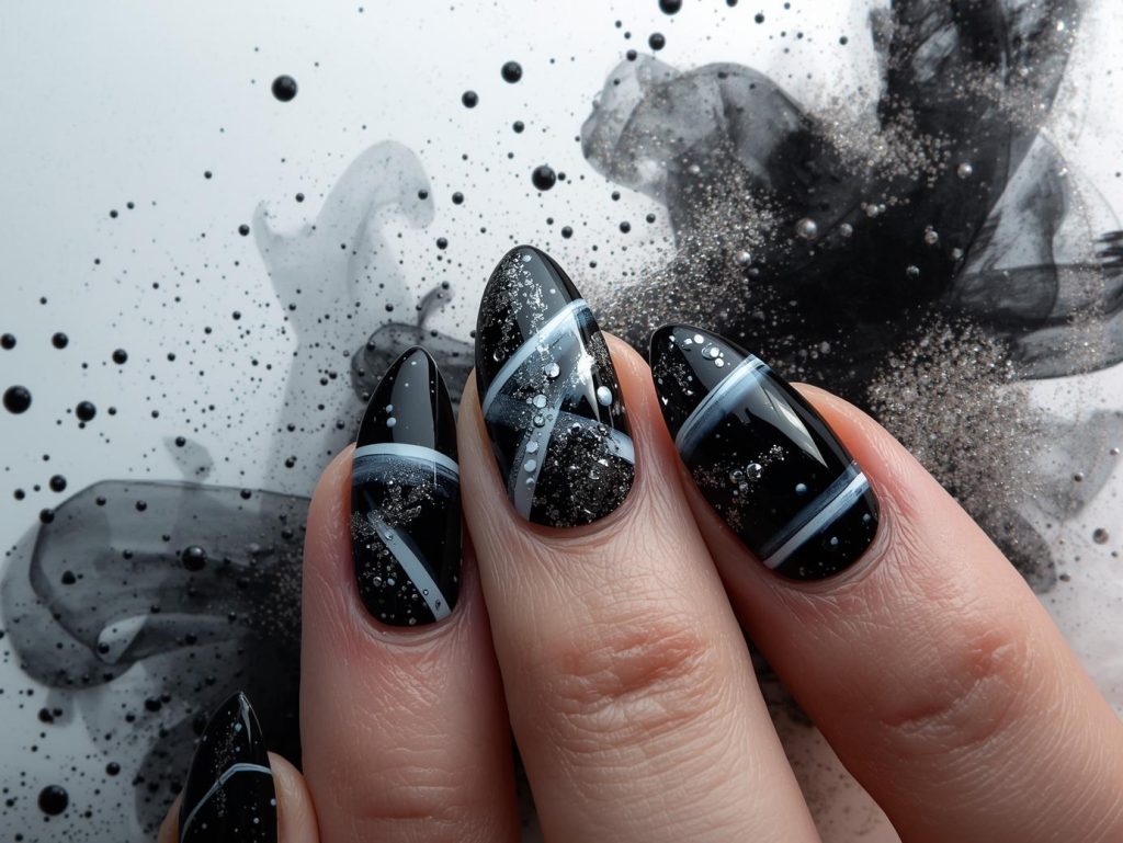 Glossy black white airbrush nail art with white gradients.