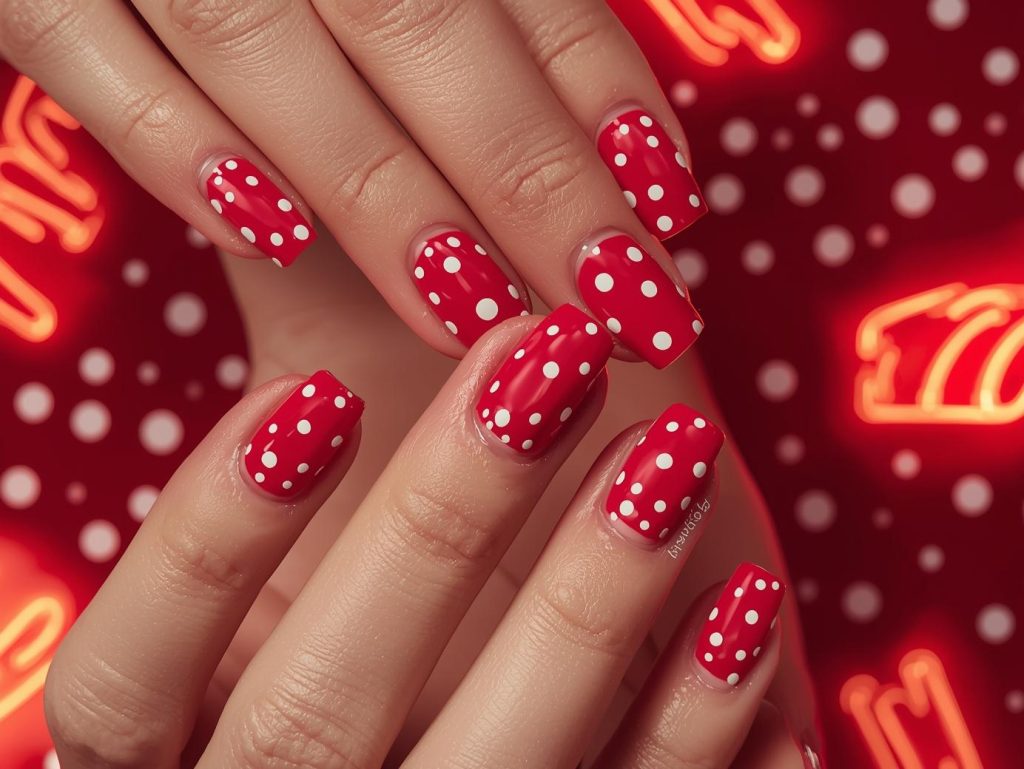 Bold red white polka dot nail art with red base.