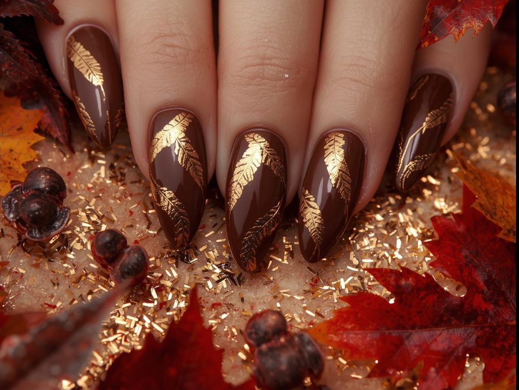 Brown Nail Designs: Warm and Pinterest-Worthy Manicures to Adore 5 Rich chocolate brown gold foil leaf nail art with chocolate brown base.