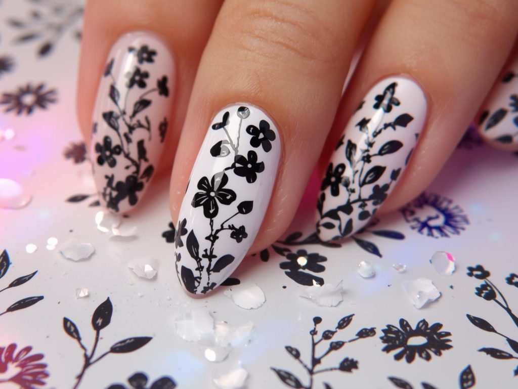 Glossy white black floral sticker nail art with white base.
