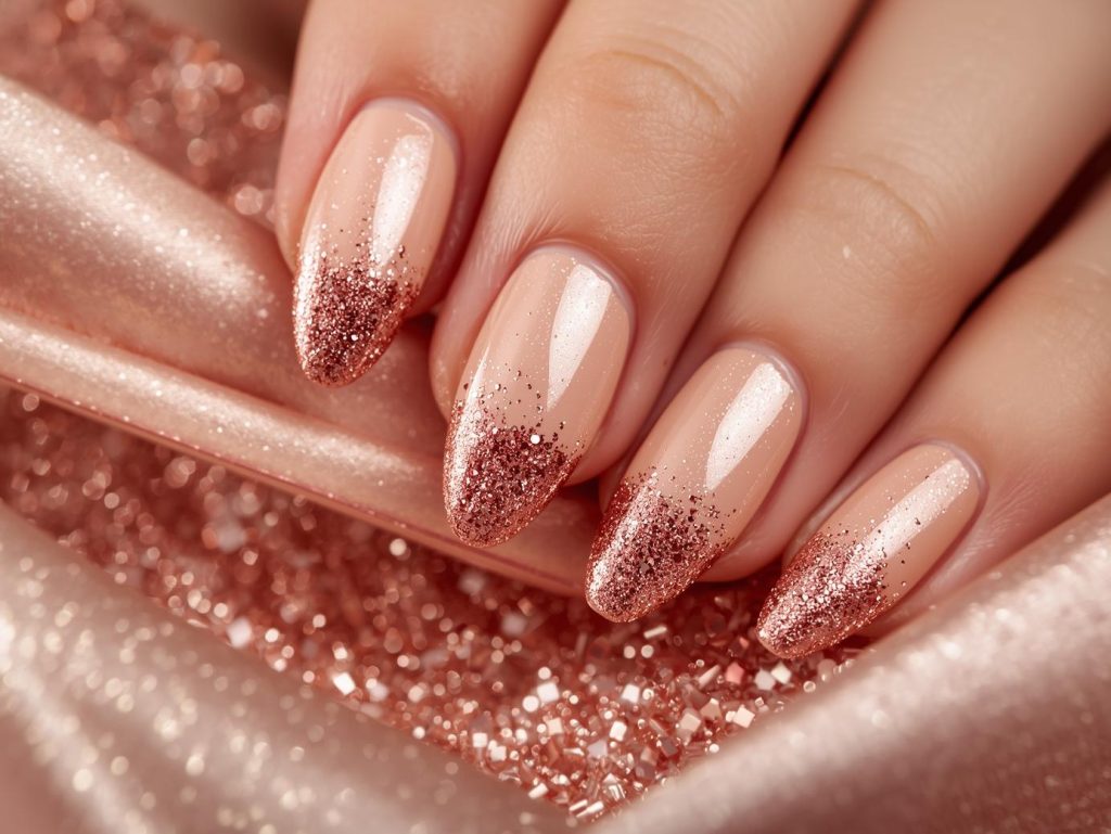 Shimmering beige rose gold glitter nail art with beige base.
