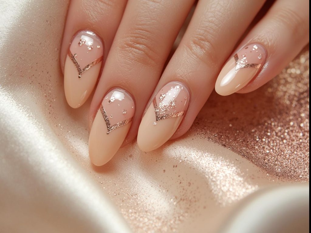 Beige Nail Designs: Elegant and Pinterest-Worthy Manicures to Adore 5 Soft beige rose gold foil leaf nail art with beige base.