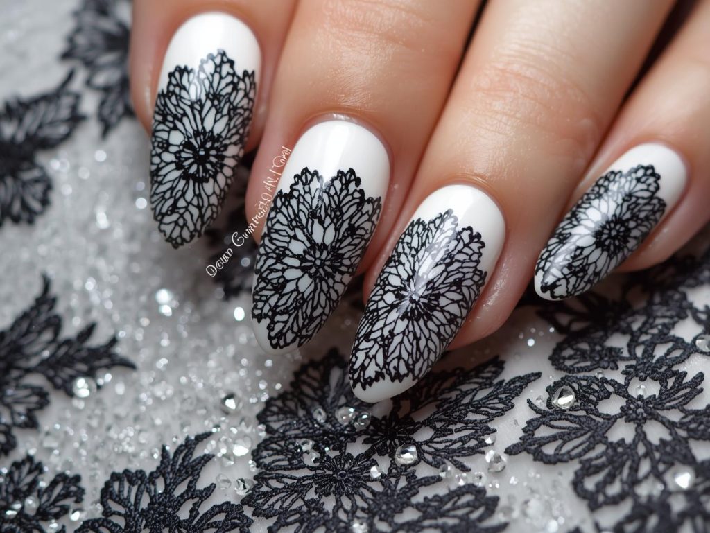 Glossy white black lace decal nail art with white base.