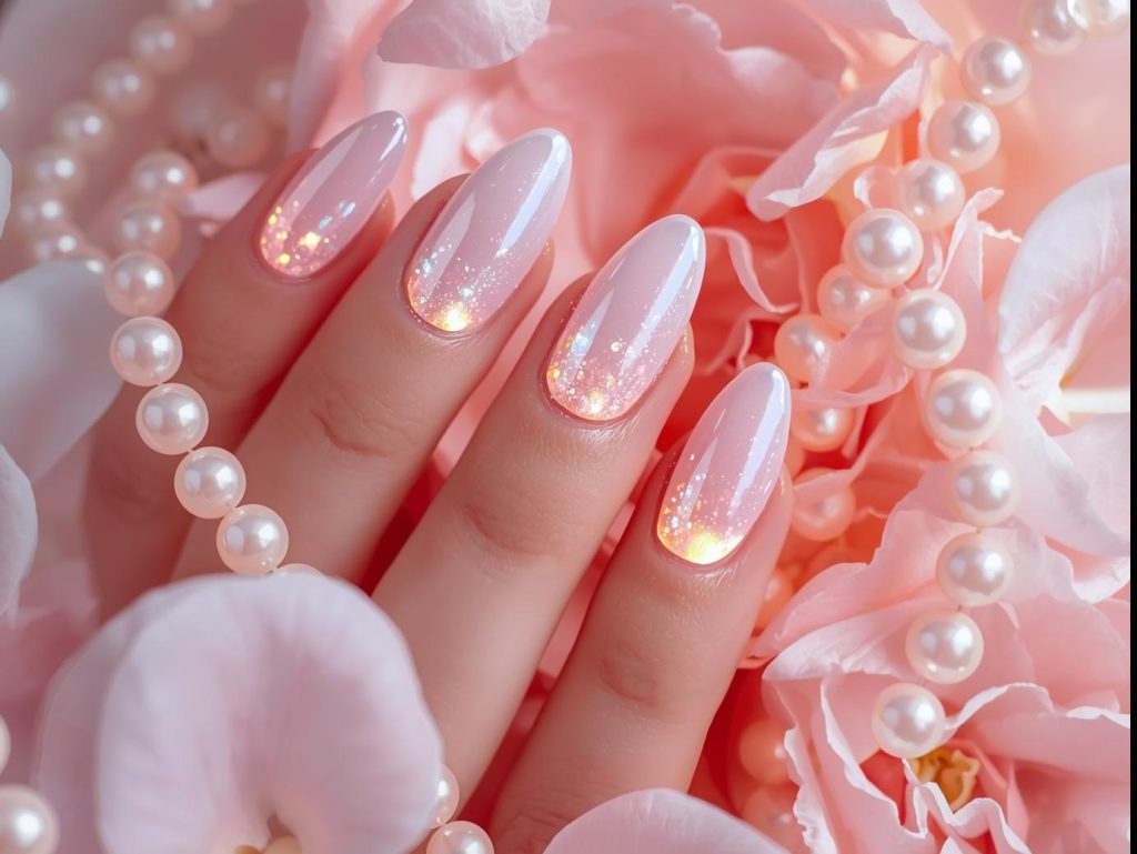  Luminous pearl shimmer tip pearl nails with soft pink base.