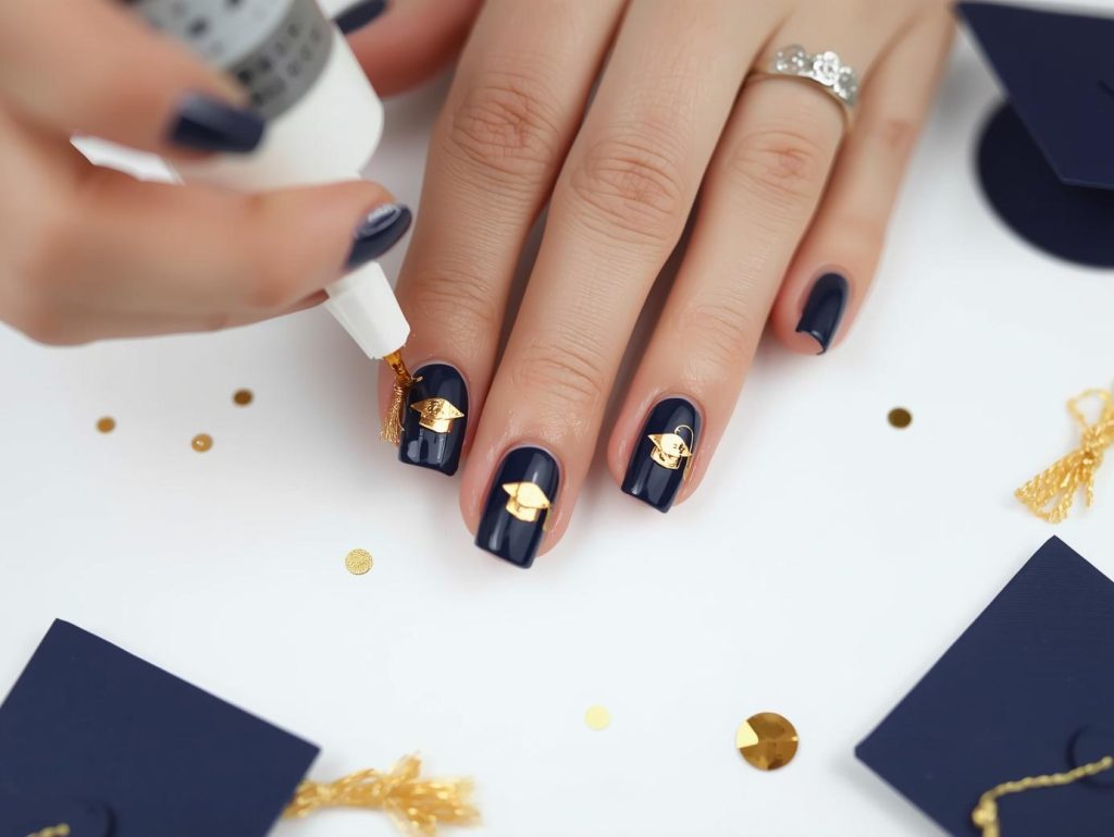 Creating classic navy gold foil cap and gown nail art with gold foil.
