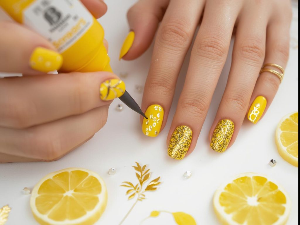Creating bright lemon yellow gold foil citrus slice nail art with gold foil.