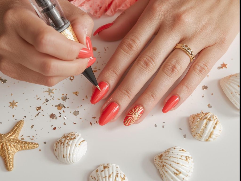 Coral Nail Designs: Vibrant and Pinterest-Worthy Manicures to Adore 6 Creating vivid coral gold foil seashell nail art with gold foil