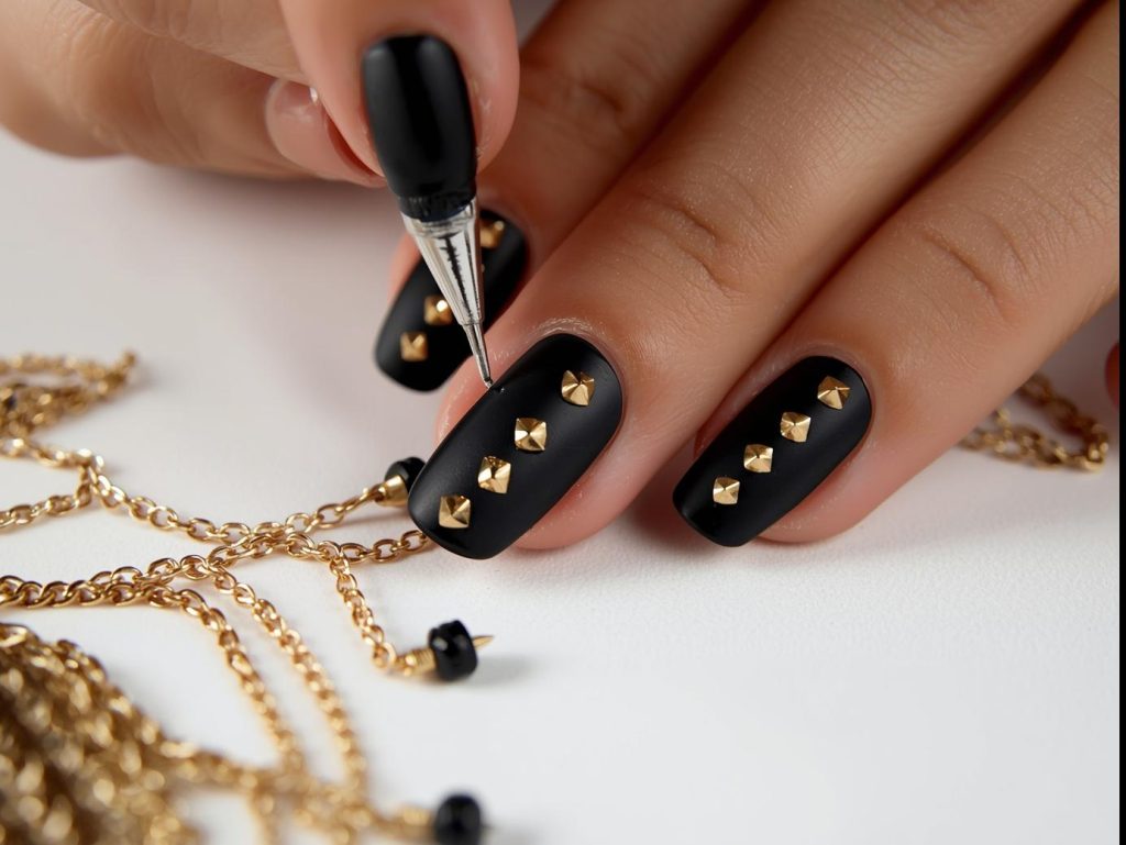 Creating raised gold stud 3D nails with matte black polish and studs