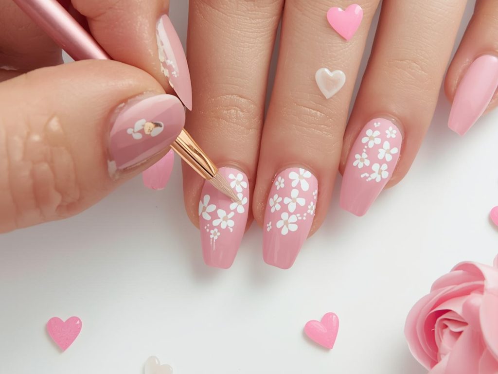 Mother's Day Nail Designs: Heartfelt and Pinterest-Worthy Manicures to Adore 6 Creating soft pink white floral heart nail art with white floral patterns.