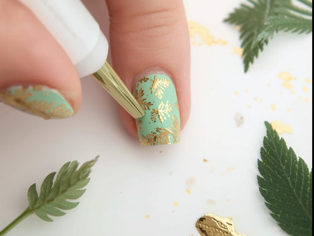 Creating vibrant mint green gold foil leaf nail art with gold foil.