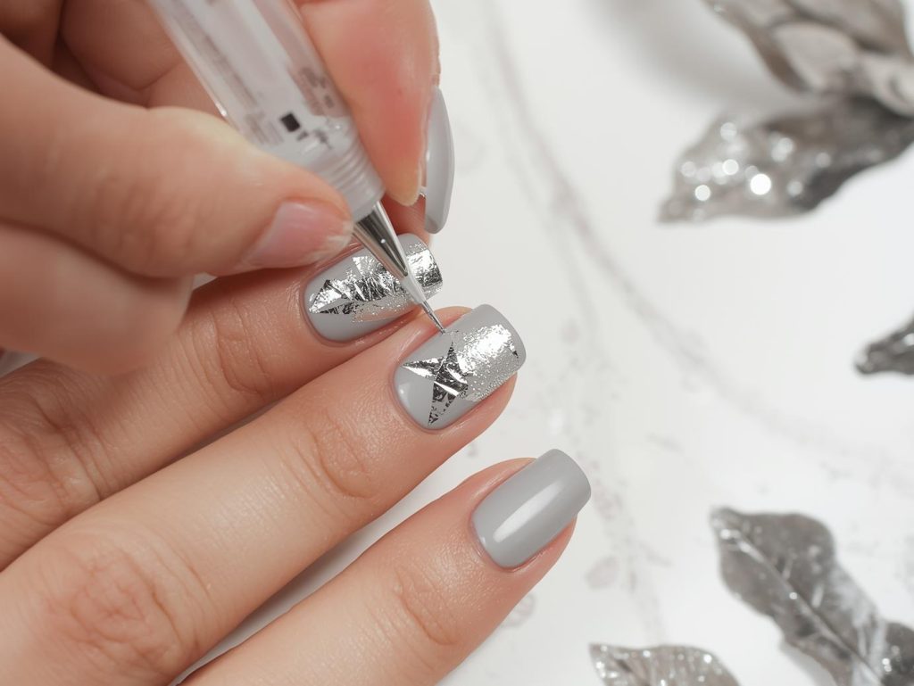 Creating soft grey silver foil abstract nail art with silver foil.