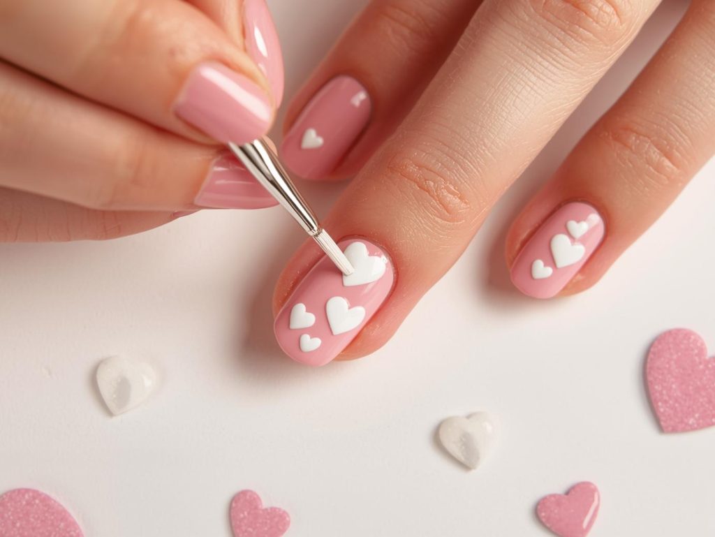 Creating soft pink white heart nail art with white heart patterns.