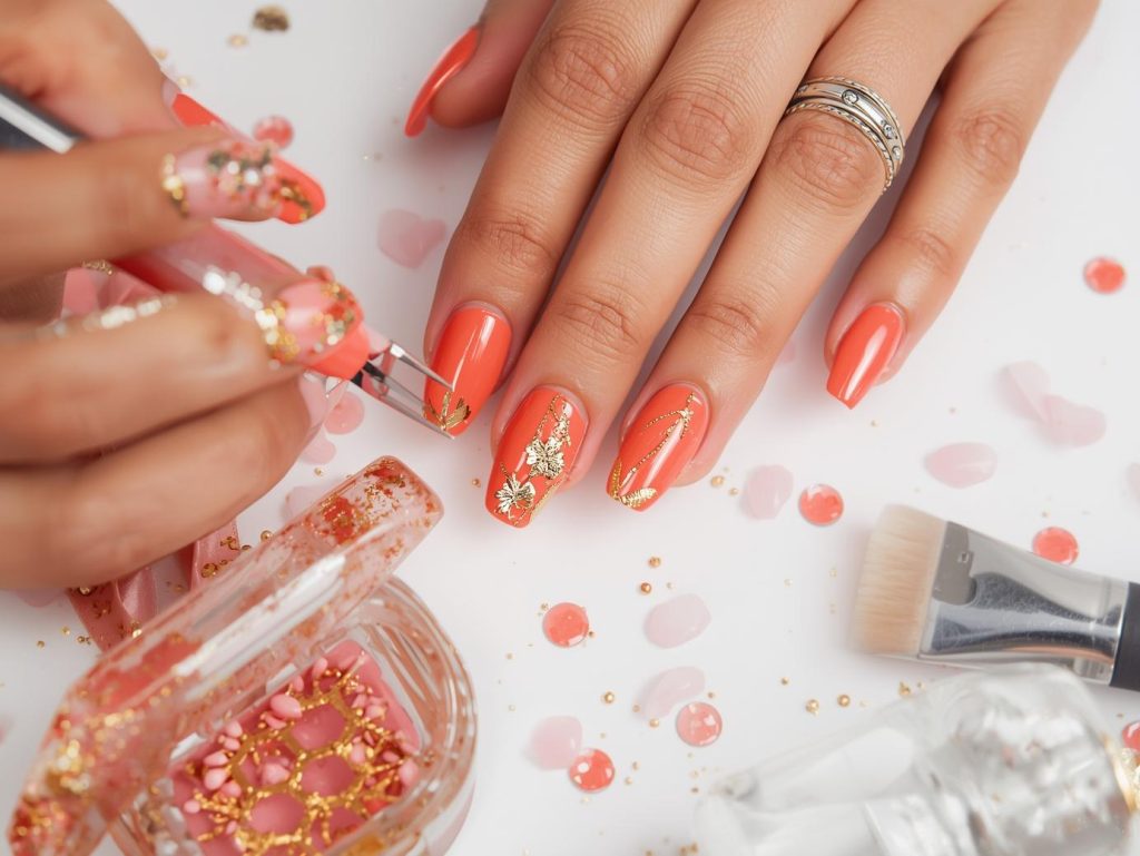 DIY Gel Nails: Stunning and Pinterest-Worthy Manicures to Adore 6 Creating glossy coral gold foil DIY gel nail art with gold foil accents.