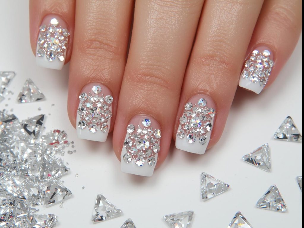  Creating sparkling clear crystal cluster nail art with white polish and crystals