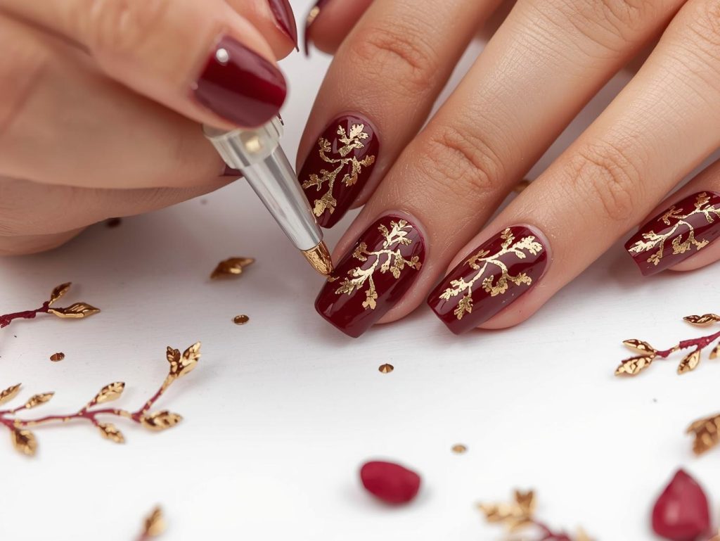 Creating deep wine red gold foil grapevine nail art with gold foil.