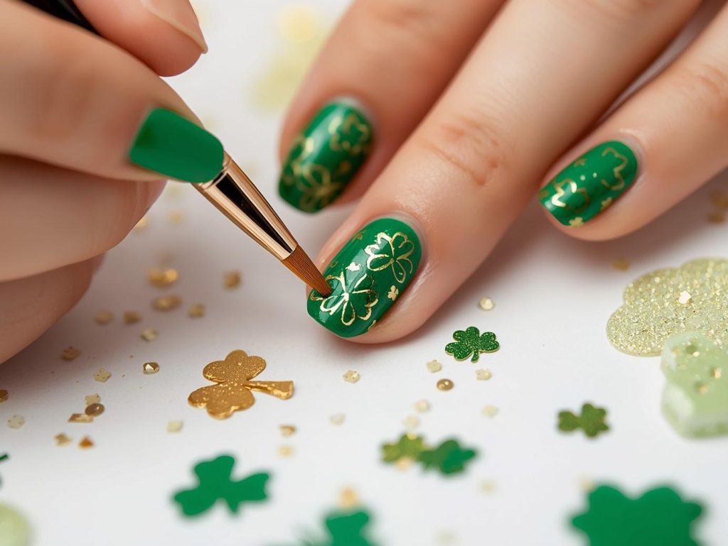 Creating emerald green gold shamrock nail art with gold shamrock patterns.