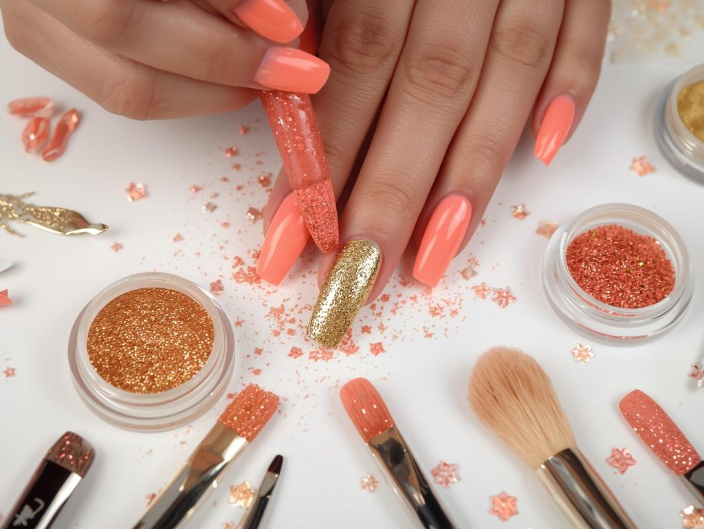Creating glossy coral gold chrome DIY acrylic nail art with gold chrome accents.