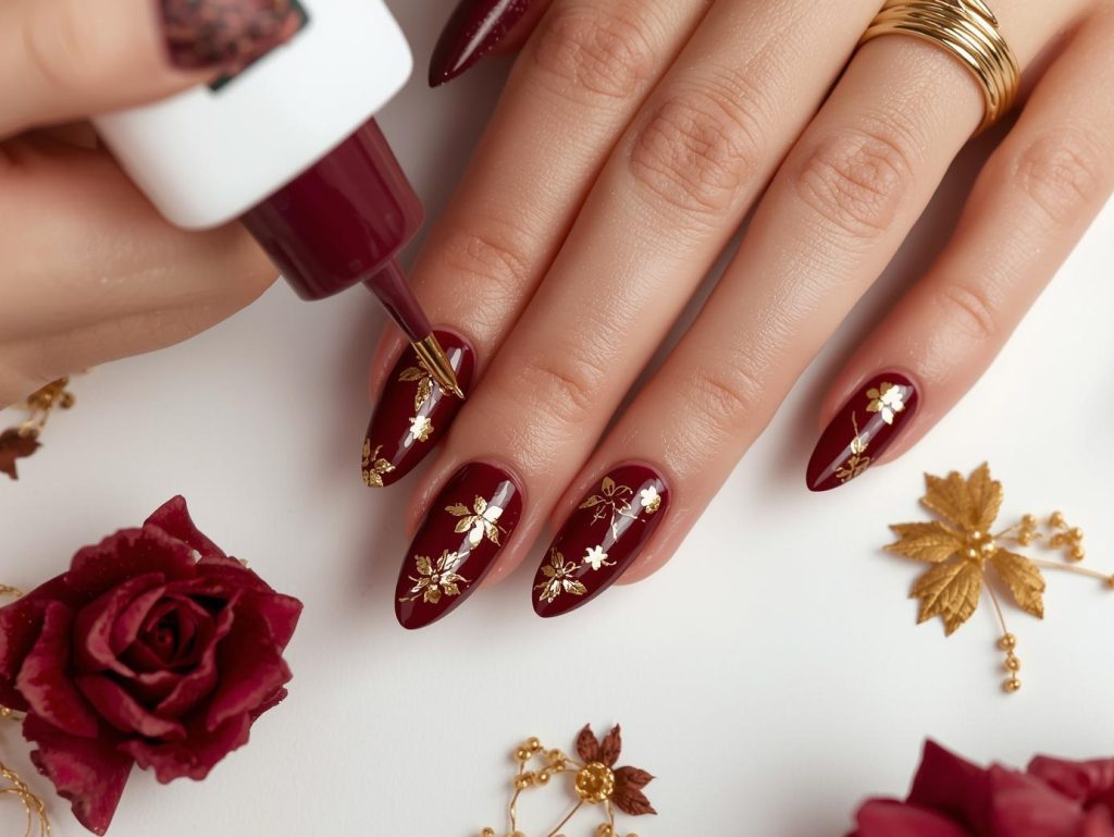  Creating deep burgundy gold foil floral nail art with gold foil.















