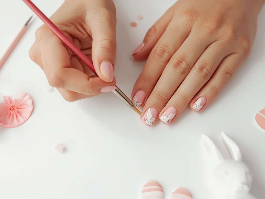 Easter Nail Designs: Playful and Pinterest-Worthy Manicures to Adore 6 Creating soft pastel pink white bunny nail art with white bunny patterns.