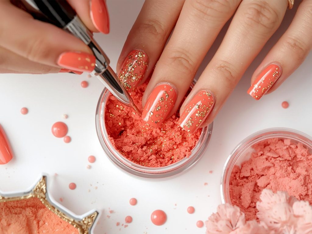 Creating glossy coral gold glitter dip powder nail art with gold glitter accents