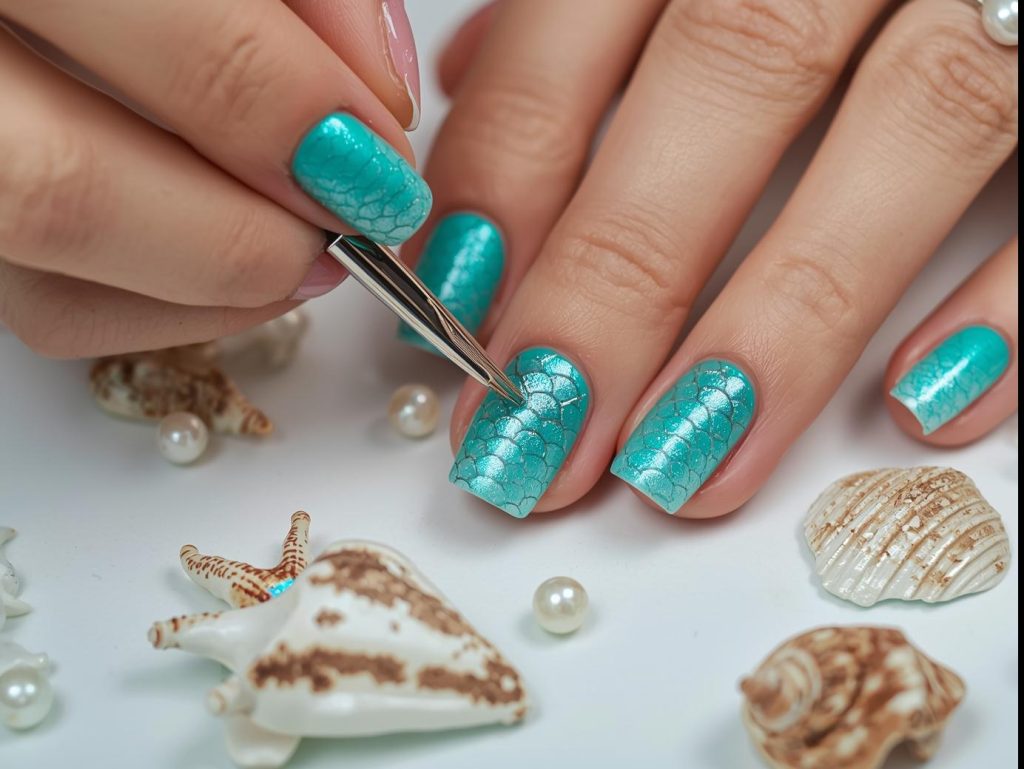 Mermaid Nail Designs: Enchanting and Pinterest-Worthy Manicures to Adore 6 Creating shimmering teal and aqua scale mermaid nail art with teal polish and pearl accents.