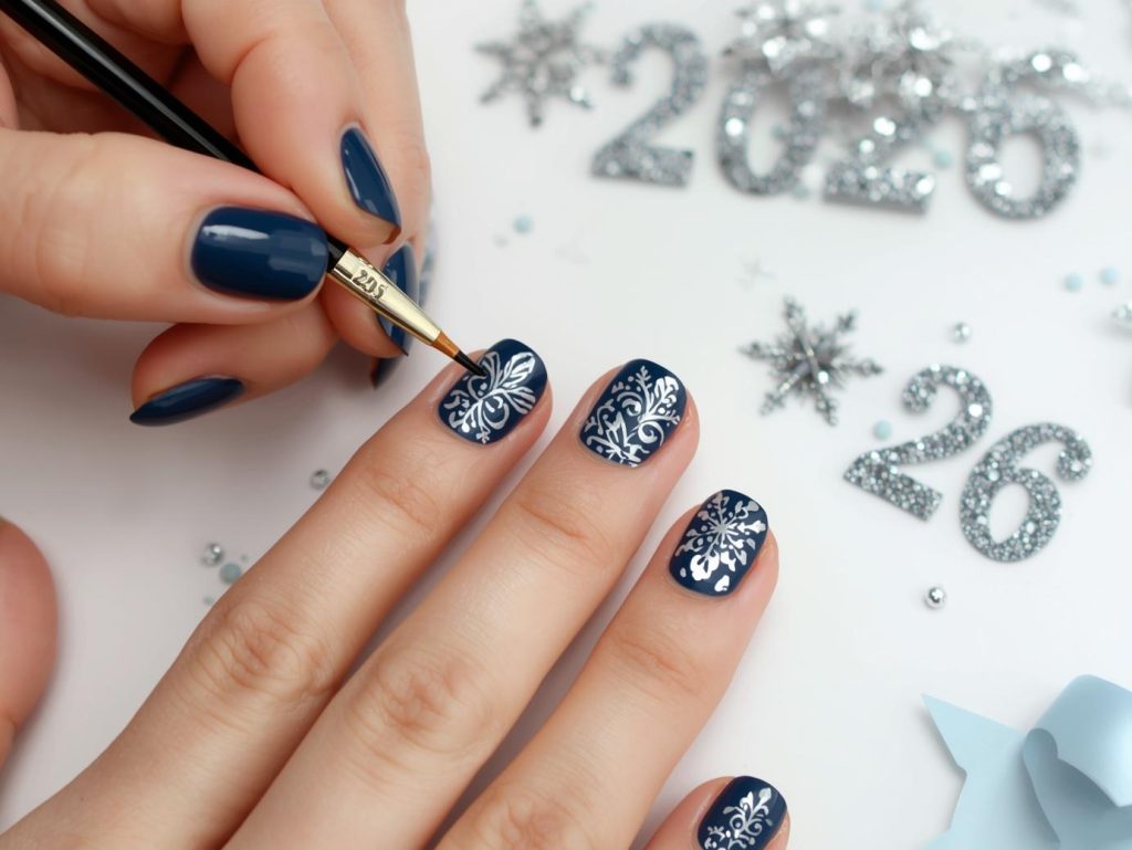 Creating midnight blue silver 2026 numeral nail art with silver numeral patterns.