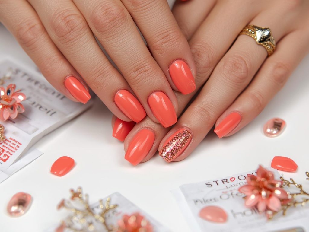 Applying glossy coral gold foil press on nail art with gold foil accents.