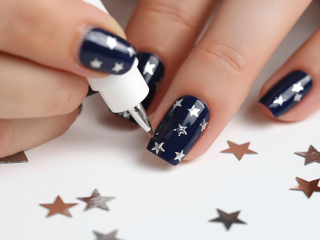 Navy Nail Designs: Bold and Pinterest-Worthy Manicures to Adore 6 Creating rich navy silver foil star nail art with silver foil.