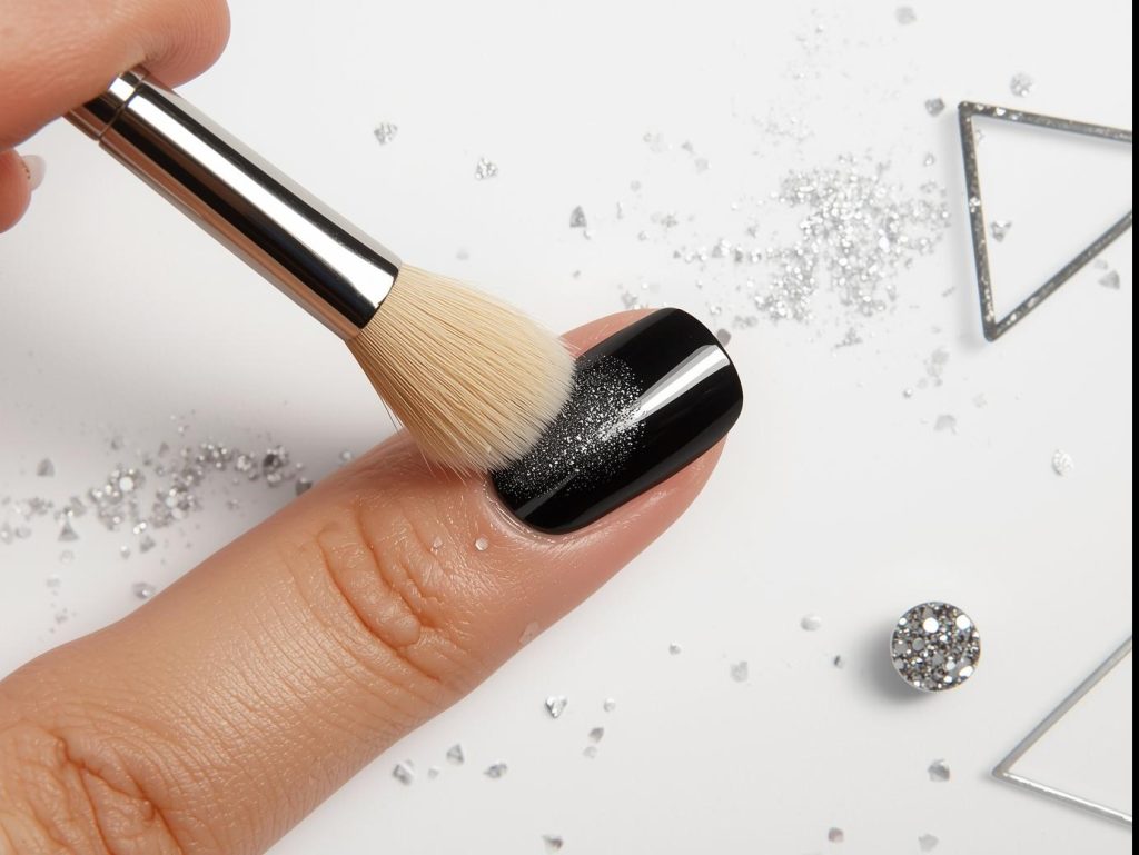  Creating sleek chrome silver mirror nail art with black polish and chrome powder.