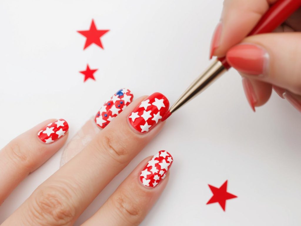  Creating bold red white star nail art with white star patterns.