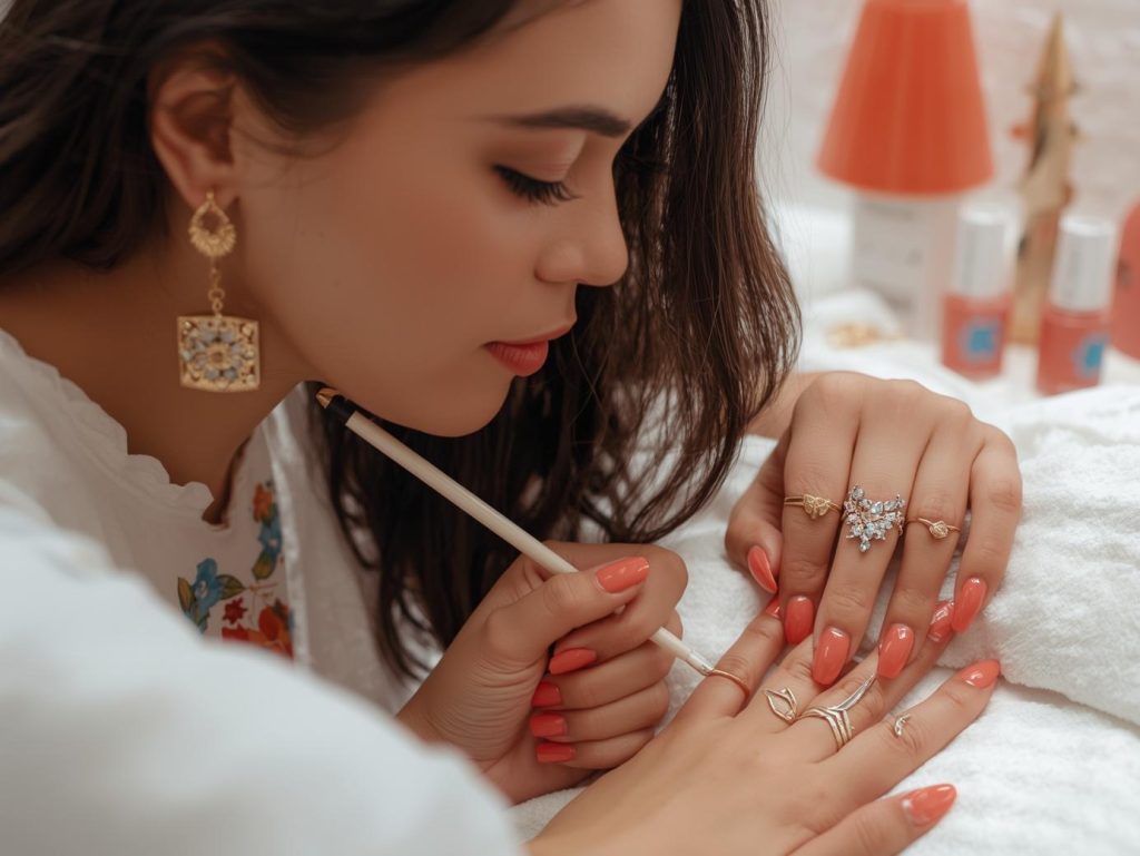 Nail Salon Inspiration: Stunning and Pinterest-Worthy Manicures to Adore 6 Creating glossy coral gold foil and gemstone nail salon art with gold foil and gemstone accents.