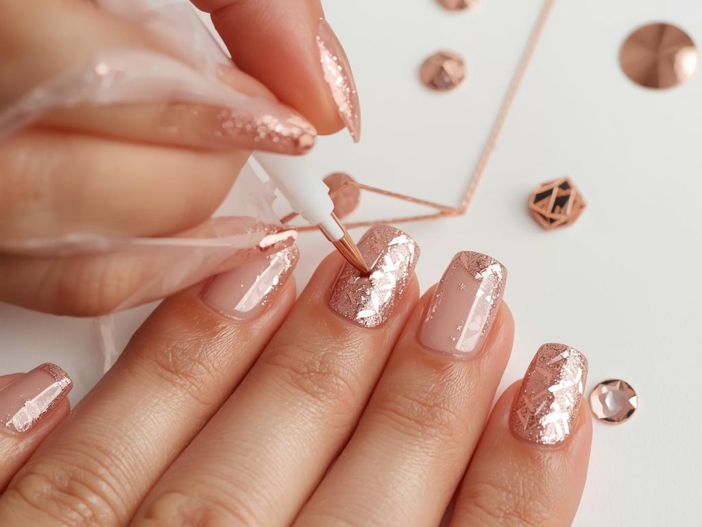Creating shimmering rose gold silver foil geometric nail art with silver foil.