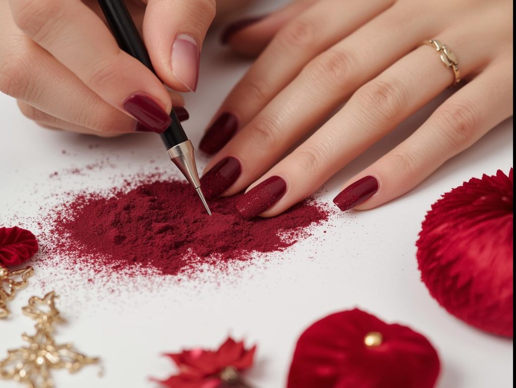 Velvet Nail Designs: Luxurious and Pinterest-Worthy Manicures to Obsess Over 6 Creating plush deep burgundy velvet nail art with burgundy polish and velvet powder.