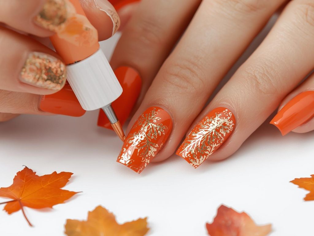 Fall Leaves Nail Art: Cozy and Pinterest-Worthy Manicures to Adore 6 Creating warm burnt orange gold foil leaf nail art with gold leaf patterns.