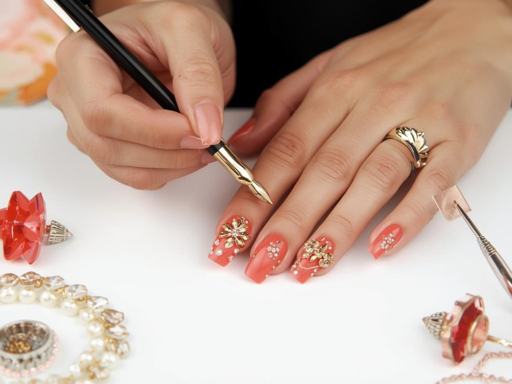  Creating glossy coral gold foil and gemstone nail art for a nail artist portfolio.