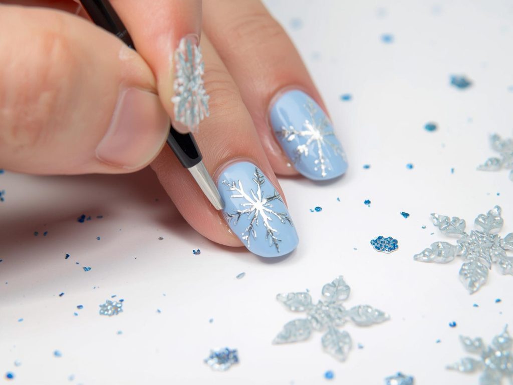 Snowflake Nail Designs: Wintry and Pinterest-Worthy Manicures to Adore 6 Creating icy blue silver snowflake nail art with silver snowflake patterns.