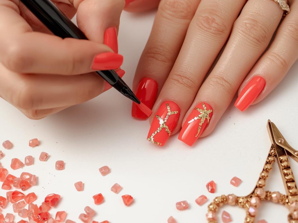  Creating glossy coral gold foil manicure with gold foil accents.