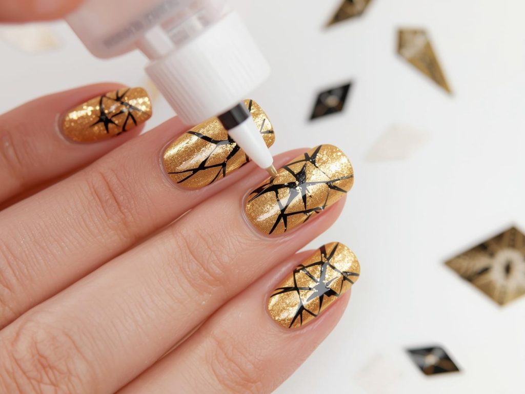 Metallic Gold Nail Designs: Opulent and Pinterest-Worthy Manicures to Adore 6 Creating shimmering gold black foil geometric nail art with black foil.