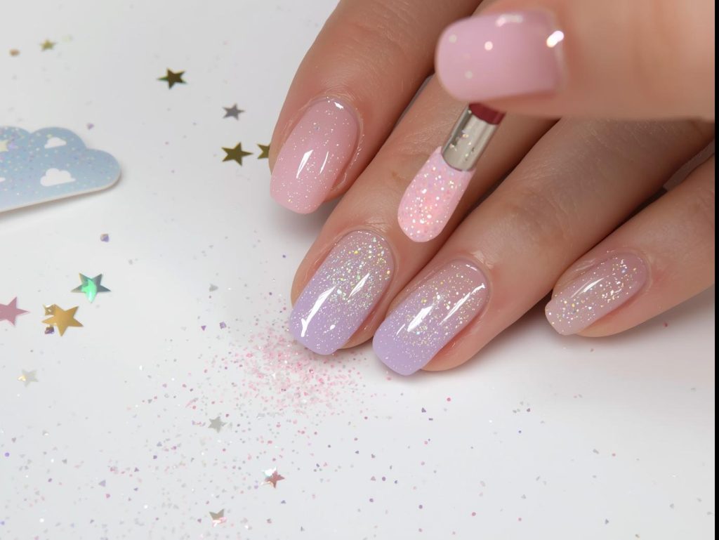 Creating shimmering pastel rainbow ombre unicorn nail art with holographic sparkles.