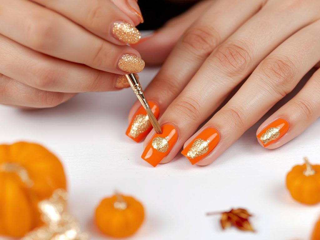 Creating warm orange gold glitter pumpkin nail art with gold glitter patterns.