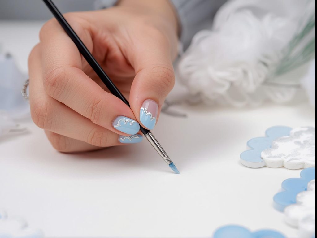 Sky Blue Nail Designs: Serene and Pinterest-Worthy Manicures to Adore 6 Creating soft sky blue silver cloud nail art with silver polish.