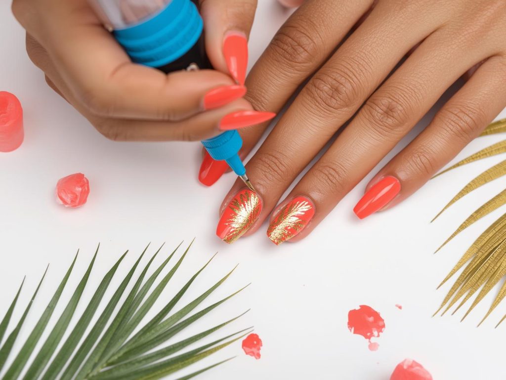 Creating neon coral gold foil palm leaf nail art with gold foil.