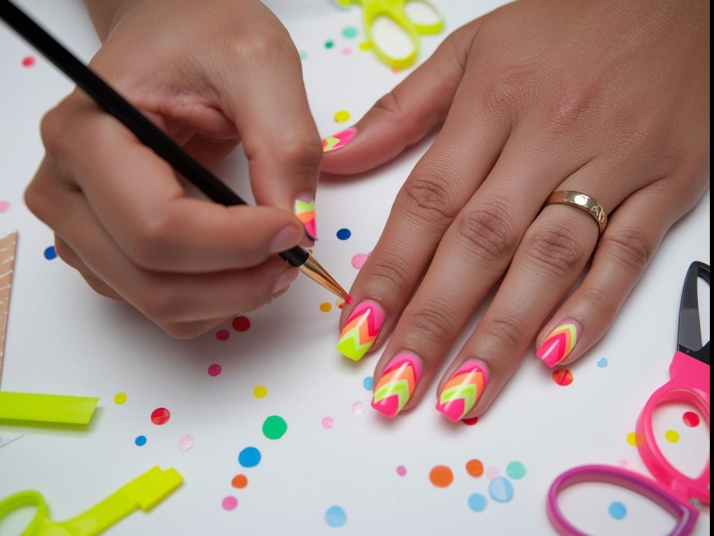Colorful Nail Designs: Vibrant and Pinterest-Worthy Manicures to Obsess Over 6 Creating bold neon rainbow chevron colorful nail art with neon polish.