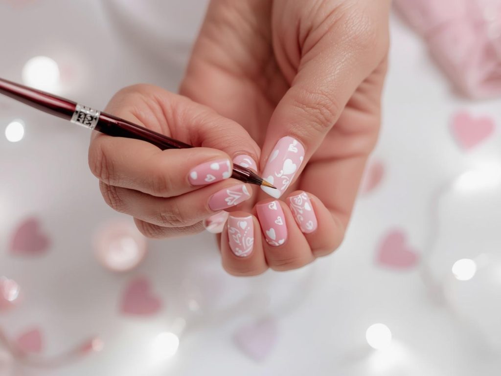 Heart Nail Designs: Romantic and Pinterest-Worthy Manicures to Adore 6 Creating soft pink white heart nail art with white heart patterns.