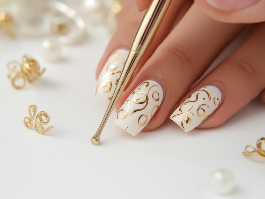 Creating soft ivory gold foil swirl nail art with gold foil.