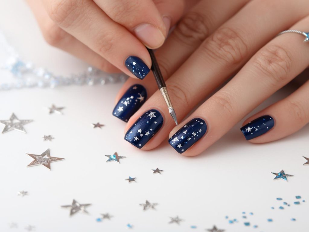 Creating midnight blue silver star nail art with silver star patterns.