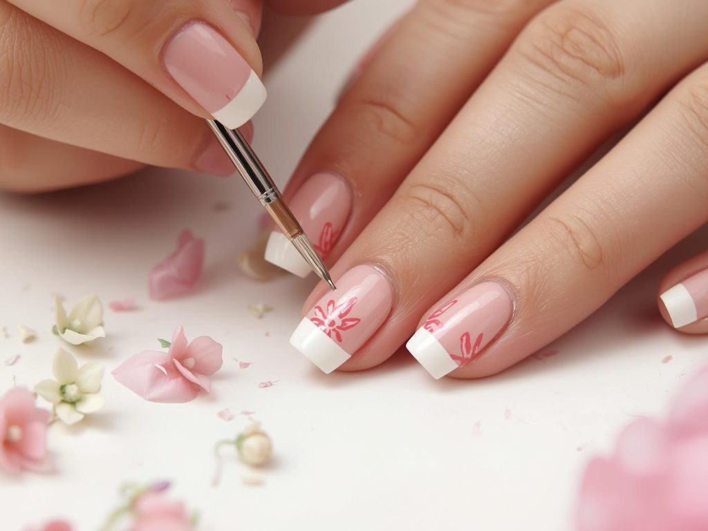 Creating classic white tips soft pink floral nail art with pink floral patterns.