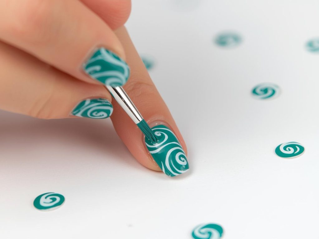Creating vibrant teal white swirl nail art with white swirl patterns.