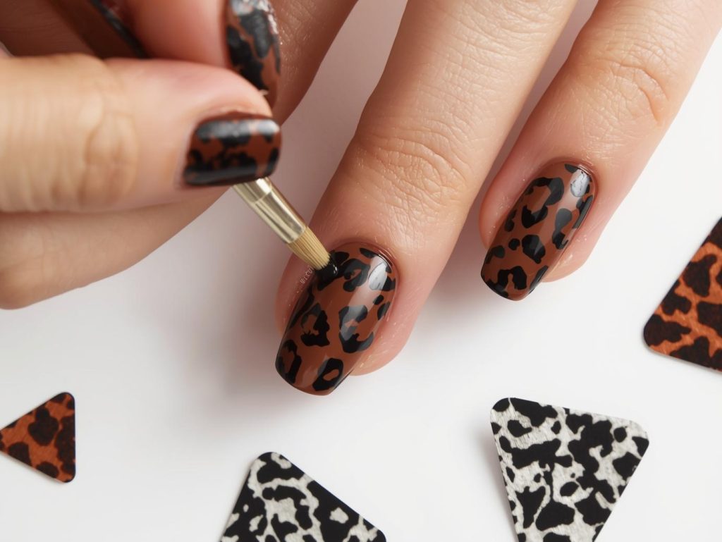 Creating rich brown black leopard nail art with black leopard spot patterns.