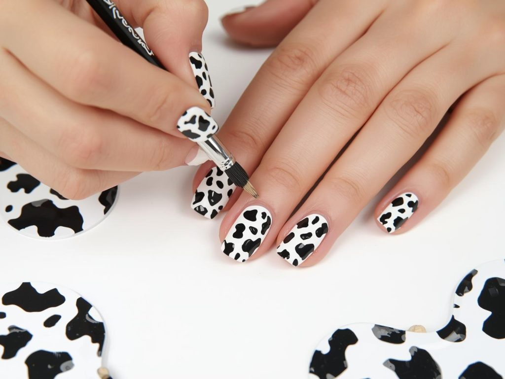 Cow Print Nail Designs: Playful and Pinterest-Worthy Manicures to Adore 6 Creating glossy white black cow nail art with black cow spot patterns.